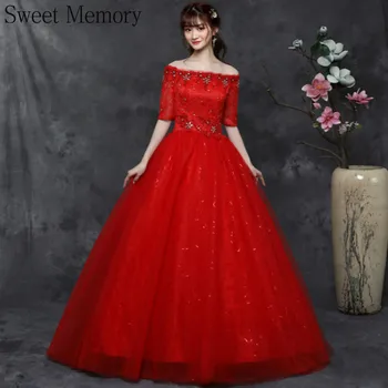 J2120 Sweet Memory Crystal Червено Бяло Плюс Размер Сватбени Рокли 2021 Половината Ръкав С Пайети Секси Дантелено Рокля Weding Robe Princesse