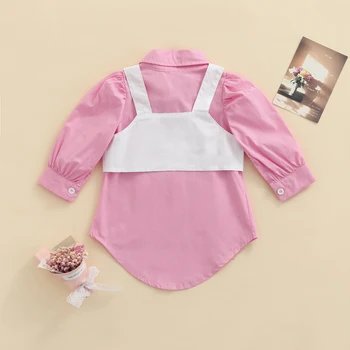 Случайни комплект дрехи от две части за малки момичета, Розова рокля с отложным деколте и дълги ръкави, бяла жилетка с квадратна яка 1-5 години