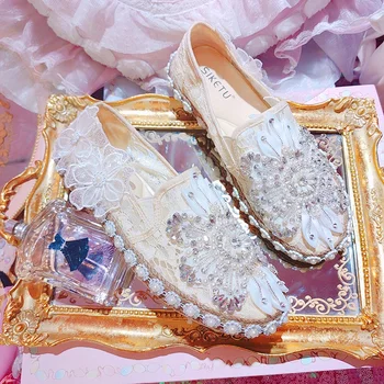 Пролетно дамски обувки на плоска подметка с хубави цветя модел ръчно изработени, украсени с мъниста, в рибарски стил, дишаща ежедневни обувки с мрежа и диаманти