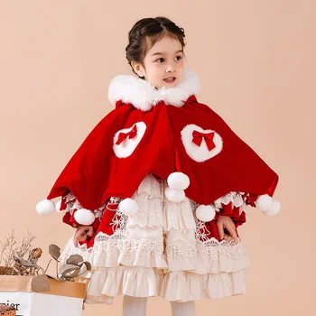2022 Коледна облекло Ярко Червено Палто за Момиче Лолита Плюс Вълнен скоба Памук Голям Естествен Вълнен яка Наметало