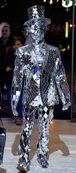 блестящ сребърен огледален костюм на мъже, жени парти, музикален фестивал парад стъклена облекло представа мъжки костюм Сценичното шоу