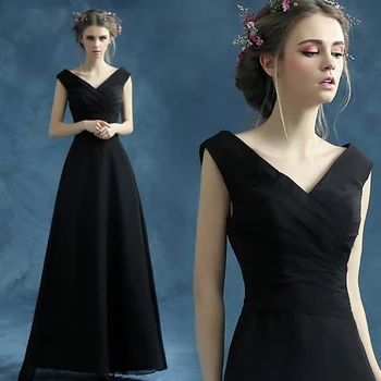 В продажба~Благородна Черно Дантелено Плиссированное вечерна рокля с Дълбоко V-образно деколте 72