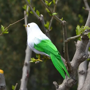 около 15 см, зелени и бели пера на птица, Ръчно изработени арт модел, имитация на птици украса на градината играчка за Коледен подарък w3882