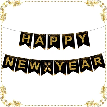 2023 Щастлива Нова Година Вечерни Украса Банер Черно Златен Блясък Подвесная Венец за Новата Година 2023 Вечерни Украса за Доставка