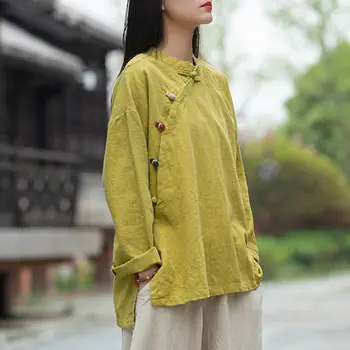 2023 нов китайски традиционен стил топ hanfu памук лен ретро ориенталски костюм тан блуза дамска блуза в ретро стил a640