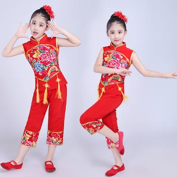 Songyuexia Китайски Народен Танцов Костюм Детски Хан Етническа Националната Танцови Облекла За Момичета Класически Танц Детски танц
