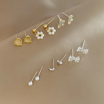 Модерен геометричен комплект обици от шестте теми, женски индивидуален дизайн, обеци с лък, леки луксозни обеци с перли
