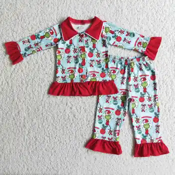 Мультяшная коледна цветна крушка, пижами с волани за момичетата, коледно бебешко гореща разпродажба, бутик зимни детски дрехи