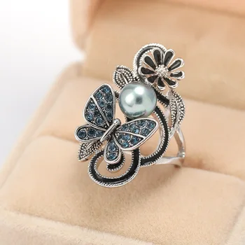 2021 Мода Тъмно Синьо Перли Butterfly Crystal Годежен Пръстен, Сватбени Декорации Един Коктейл Пръстен, Подарък За Рожден Ден На Размера На Us5-11