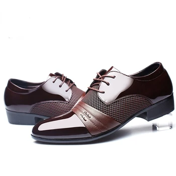 Нова мъжки Бизнес Официалната Кожени обувки с нисък покрив, Модни Однотонная обувки на плоска подметка с шнур отпред