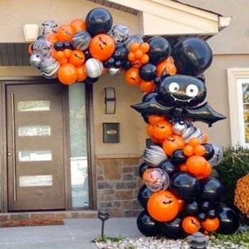 107Pcs Хелоуин украса черен оранжев балон арка комплект гирлянди прилеп балон фолио градина врати, декор, играчки за партита