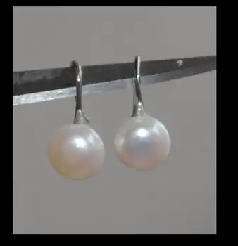 Жена Бижута Обици 10 мм Ярки Бели Перли Виси на Кука Обеци Истински Естествени Сладководни перли