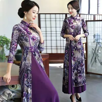Ново пролетно-лятно Вьетнамское рокля Ao Dai Традиционното китайското традиционната рокля Aodai Qipao с дълъг ръкав размер плюс Рокля Qipao S-4XL