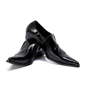 мъжки черни обувки от лачена кожа от естествена кожа, oxfords без шнур, мъжки модела сватбени италиански обувки на плоска подметка, размер 47