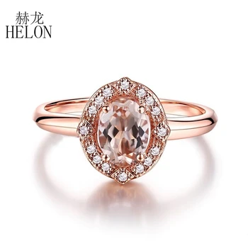 HELON Solid 18 k Розово Злато Овална Кройка 5x7 мм Натурален Морганит Диаманти, Годеж Сватбени Ttendy Бижута За Жени диамантен Пръстен