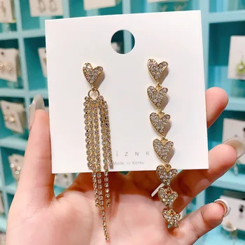 Горещи продажба Корея разширено чувство за пълен диамант асиметрични обеци любов темперамент пискюл уеб знаменитост обеци
