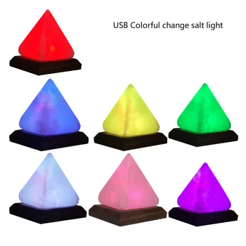 USB Цветна Солна Лампа За Избелване Пречиства Въздуха през Цялата Естествена Триъгълна Каменна Кристална Лампа С Дървена Основа Ръчно Дялан лека нощ