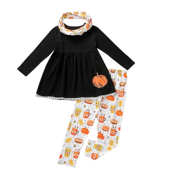 Комплект дрехи от три елемента на Хелоуин за момичета, черен пуловер с кръгла яка, панталон с шарките на тиквата и на шийката на носна кърпичка
