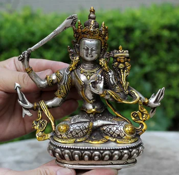 H 150 мм Украсени с Тибет Сребро Мед Будизма Сребро Бодхисатва Гуан Ин Drolma Статуя на Буда Украса истинско Сребро Месинг