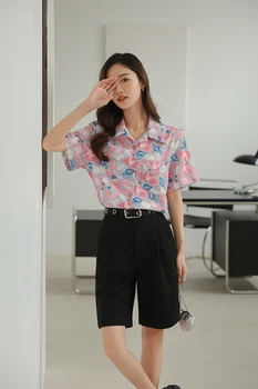Шифоновая риза с къси ръкави и принтом в гонконгском стил в стил ретро, дамски лятна колекция 2021 година, нов дизайн, ниша, блузи, лятна риза с цветен модел