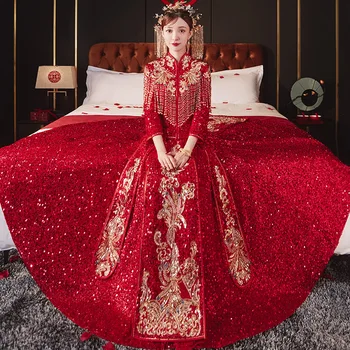 Изискан Блясък Бродерия с Четка Двойка Китайски Сватбена Рокля Елегантна Яка-Часова Брак Рокли Сватбена рокля