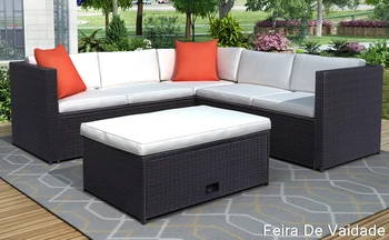 Комплект мебели от ратан с възглавница от 4 теми за двор на открито, Секционни Градински диван (ратан кафяво + Бежово възглавница)