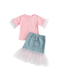 Комплект детски костюм от 2 теми, тениска с къс Ръкав и кръгло деколте за момичета + къси деним пола на лятото, розово, casual стил/висока талия