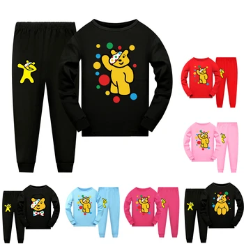 Pudsey'S Bear Аниме Облекло За Малки Момчета Есенна Пижами Памучен Тениска С Дълъг Ръкав + Панталони Костюм Ежедневни Спортни Дрехи За Момичета Комплект