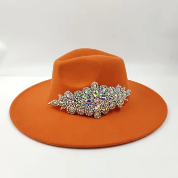 широка периферия фетровая шапка с диаманти, дамска шапка с голяма периферия, мъжки унисекс, джаз шапка с лък за мъже и жени, цена на едро, ковбойская шапка