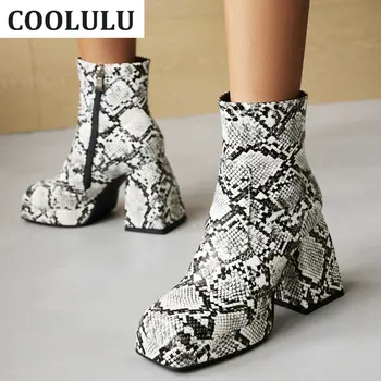 COOLULU/Обувки Гого с квадратни пръсти и змейкой; Ботильоны на Високо Масивна обувки; дамски зимни Ботильоны на Платформа и блок обувки ; дамски обувки